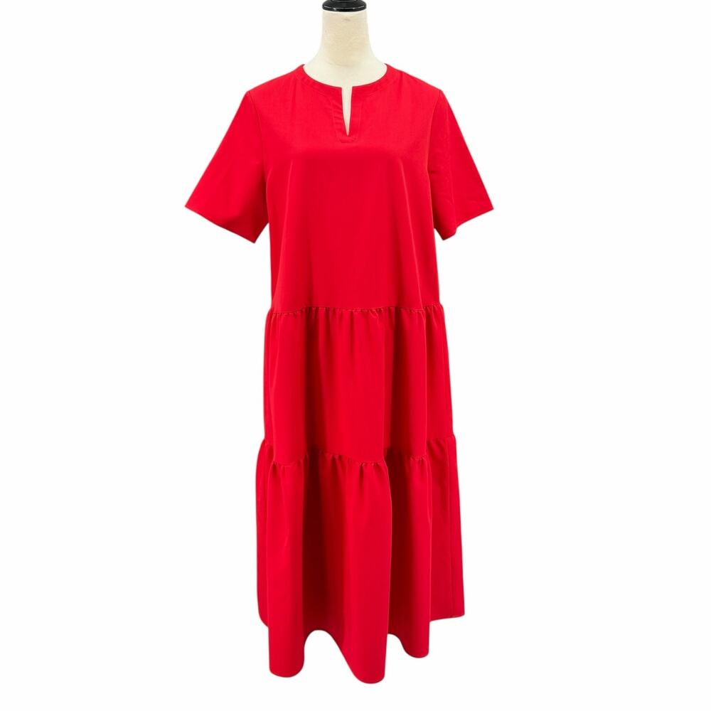 Misook NWT Solid Bold Red Tiered Split V-Neck Short Sleeve Maxi Shift Dress - Picture 2 of 11